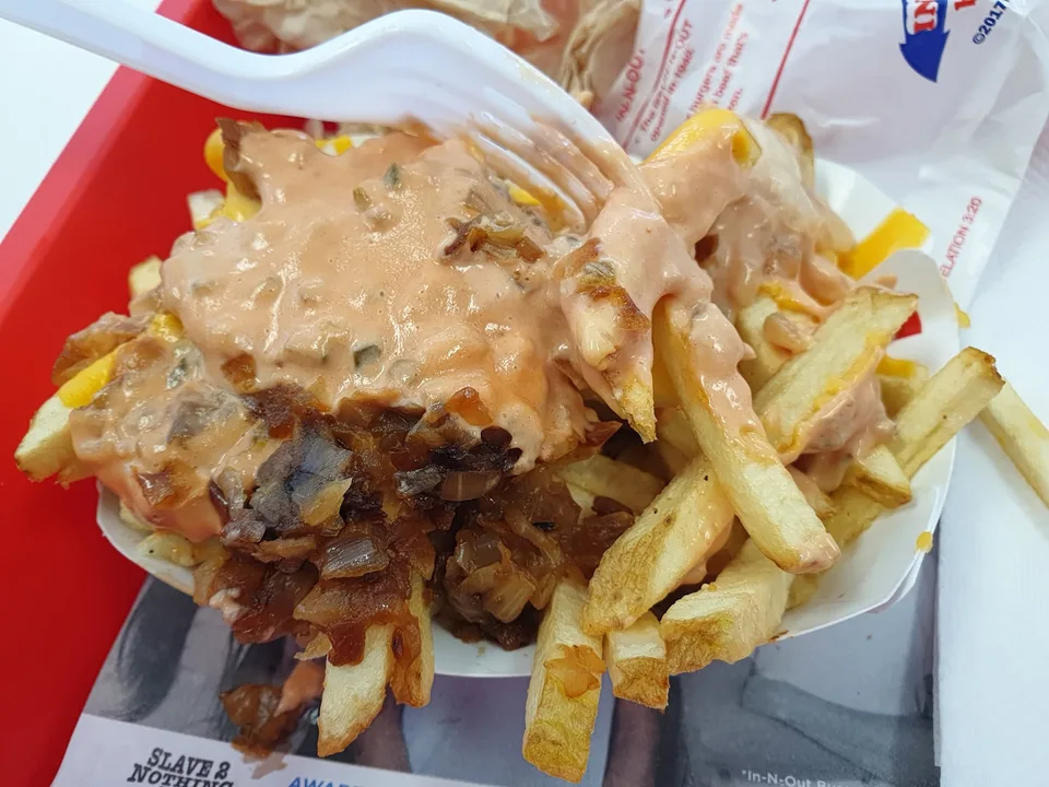 Fries topped with browned onions, melted cheese and creamy sauce sit in a paper tray at In-N-Out.