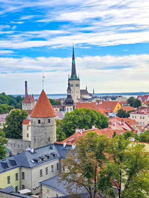 Red roofs, stone towers and a green-tipped spire overlook trees and the sea in Tallinn Old Town.