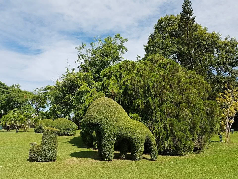 Elephant-shaped topiary stands on a sunny lawn bordered by mature trees.